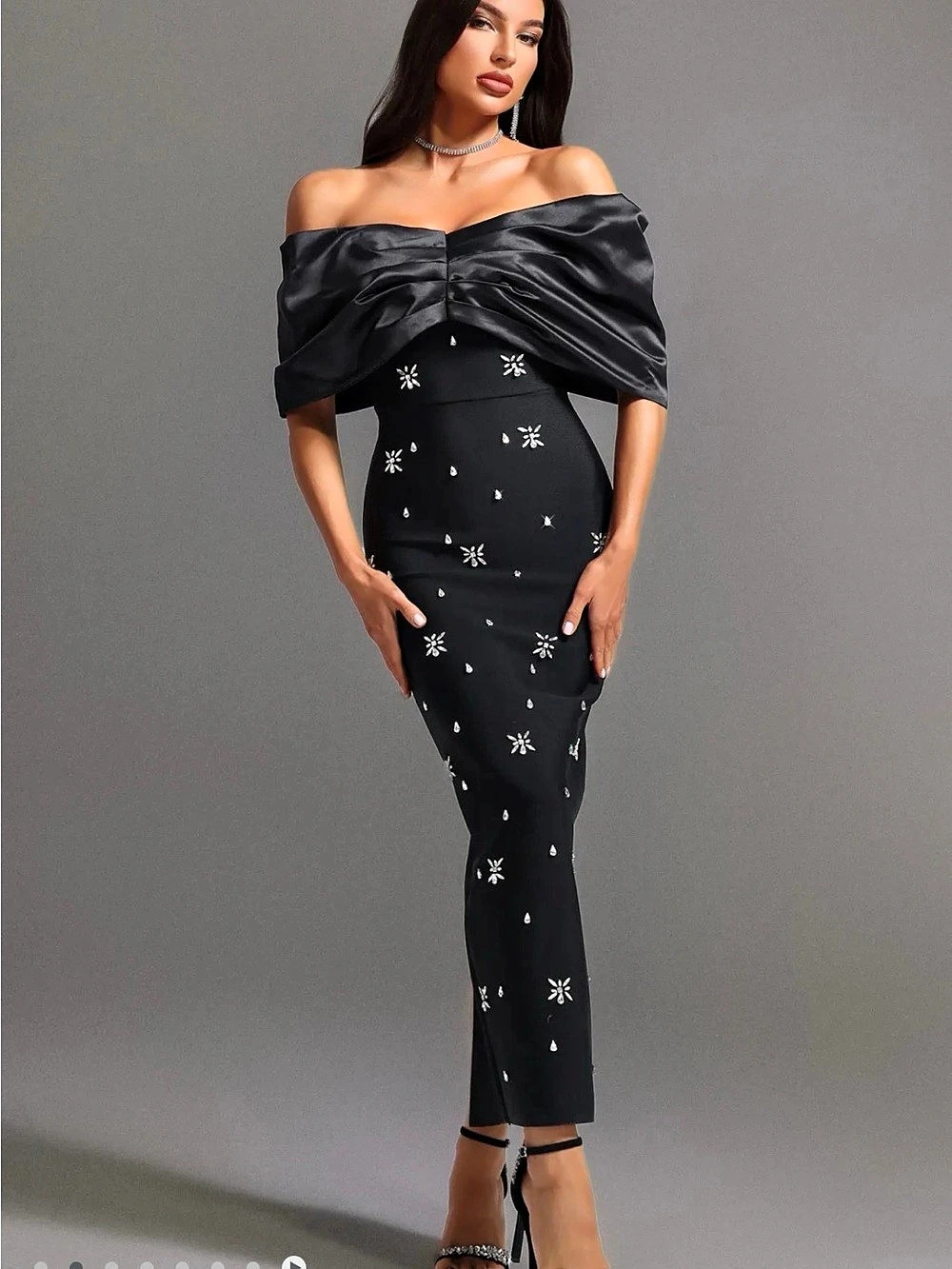 Soloma Off the Shoulder Diamond Maxi Dress